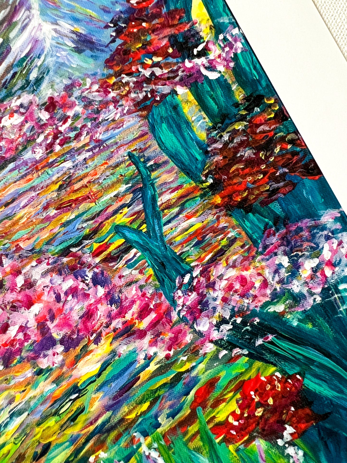 Detail Colorful Expressionist Landscape art print inspired in Hawaii from Clara de la Fuente Artist
