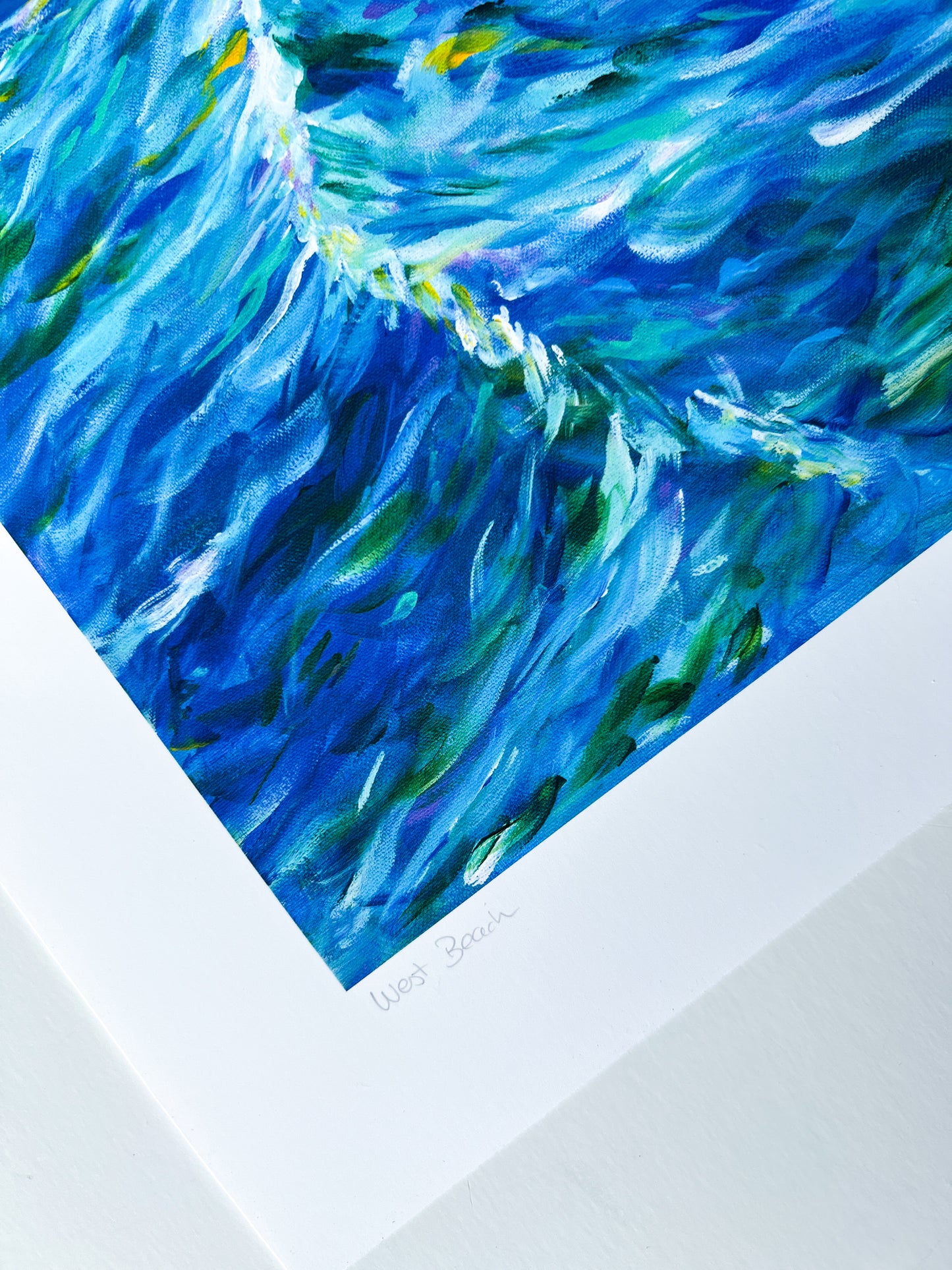 Close up of seascape art print of West Beach in Indiana Dunes National Park during female solo trip with name of the print written by artist