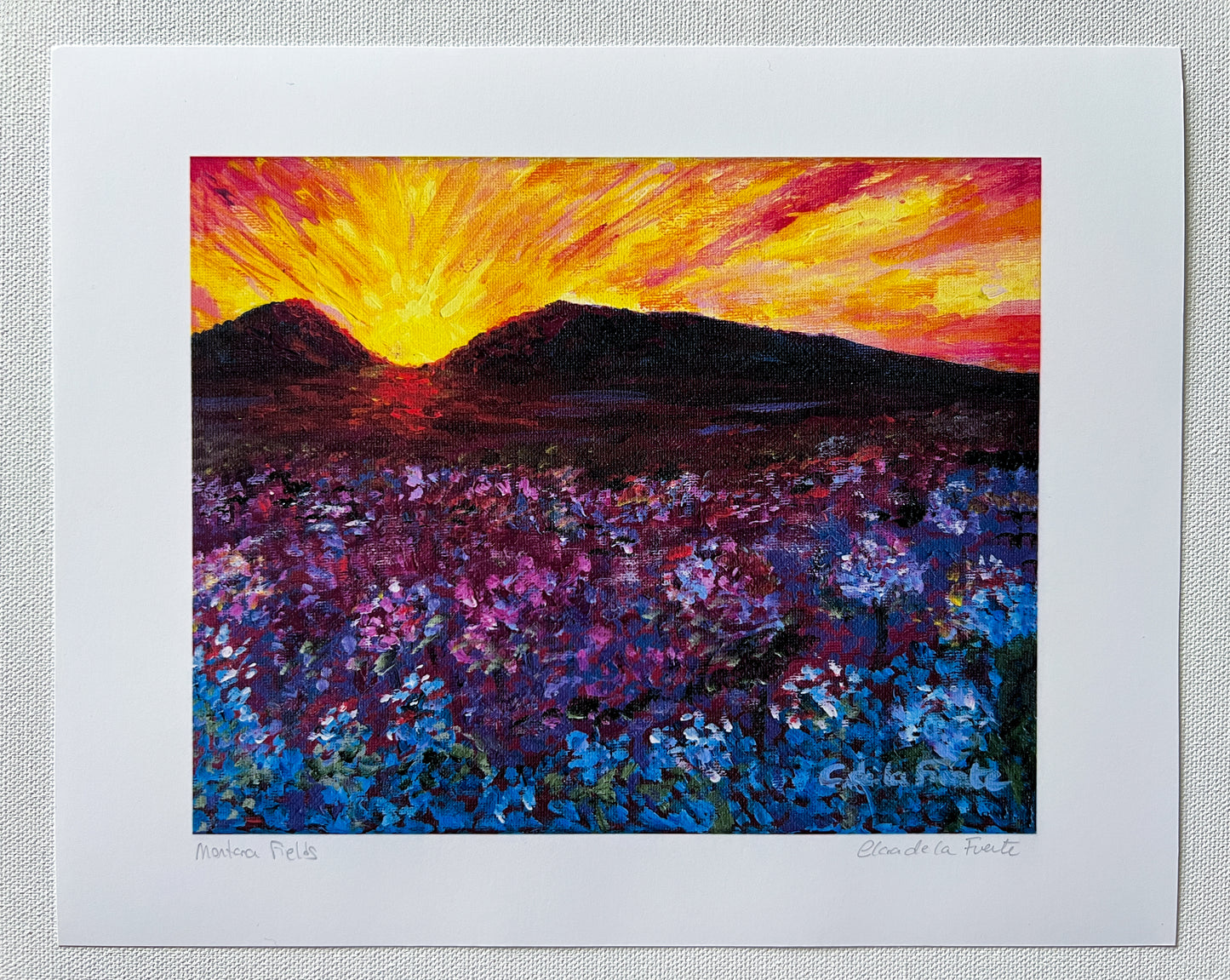 Colorful Expressionist Landscape art print inspired in Montana fields from Clara de la Fuente Artist. Sunset painting