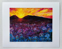 Load image into Gallery viewer, Colorful Expressionist Landscape art print inspired in Montana fields from Clara de la Fuente Artist. Sunset painting
