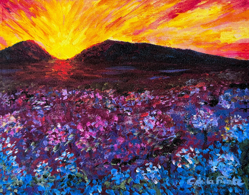 Colorful Expressionist Landscape art print inspired in Montana fields from Clara de la Fuente Artist. Sunset painting