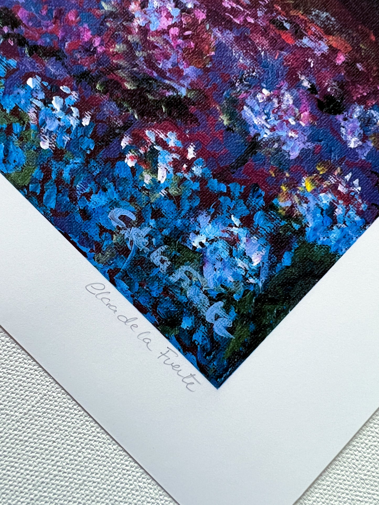 Colorful Expressionist Landscape art print inspired in Montana fields from Clara de la Fuente Artist. Sunset painting. Detail of hand signature