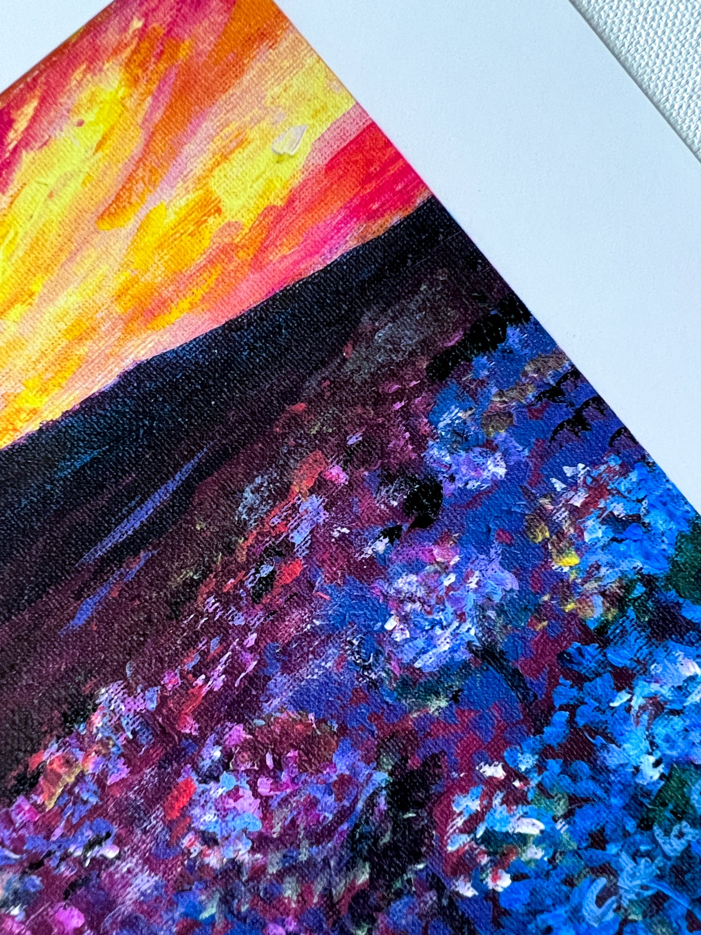 Colorful Expressionist Landscape art print inspired in Montana fields from Clara de la Fuente Artist. Sunset painting. Detail 