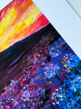Load image into Gallery viewer, Colorful Expressionist Landscape art print inspired in Montana fields from Clara de la Fuente Artist. Sunset painting. Detail 
