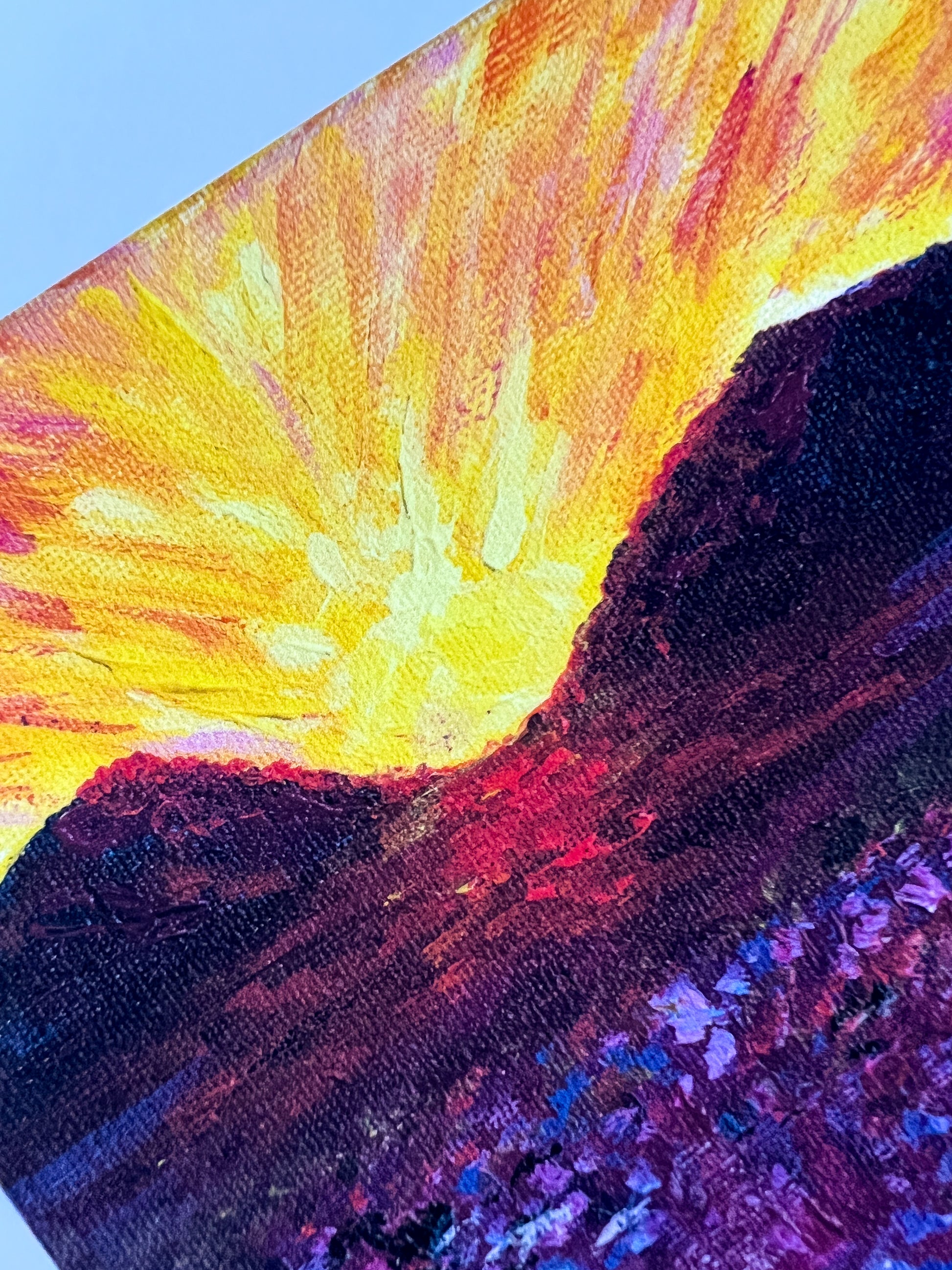Colorful Expressionist Landscape art print inspired in Montana field sunset detail from Clara de la Fuente Artist